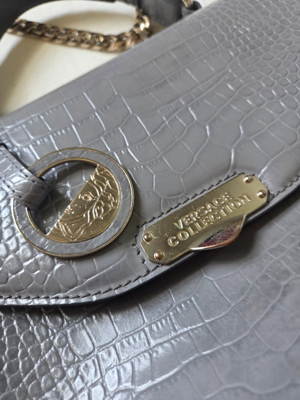 Versace Collections Crocodile embossed grey leather Medusa top handle satchel